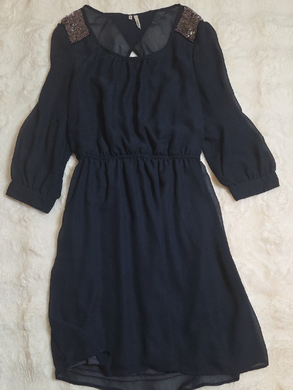 Navy Three-Quarter Sleeve Beaded Shoulder Dress